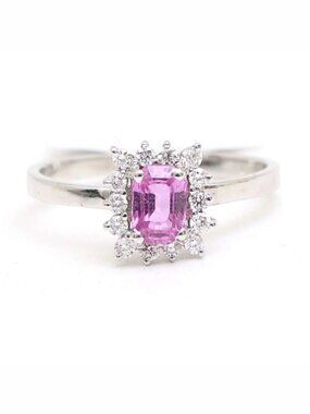 Pink Sapphire Emerald-Cut 14K White Gold (18K Custom) Diamond Halo Ring